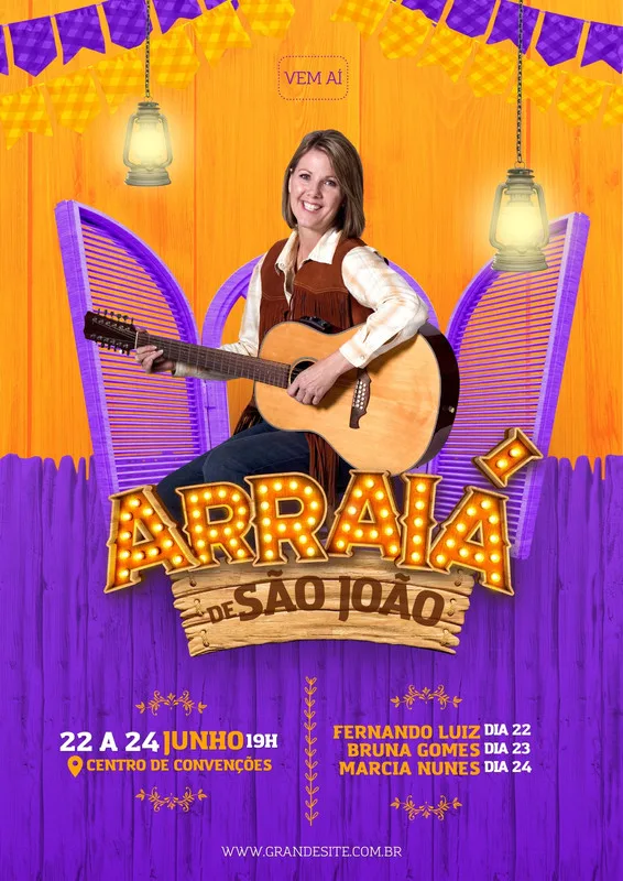 Cartaz de festa junina com tema Arraiá de São João, apresentando uma mulher tocando violão em um palco decorado com bandeirinhas roxas e amarelas, luzes e o título em neon.