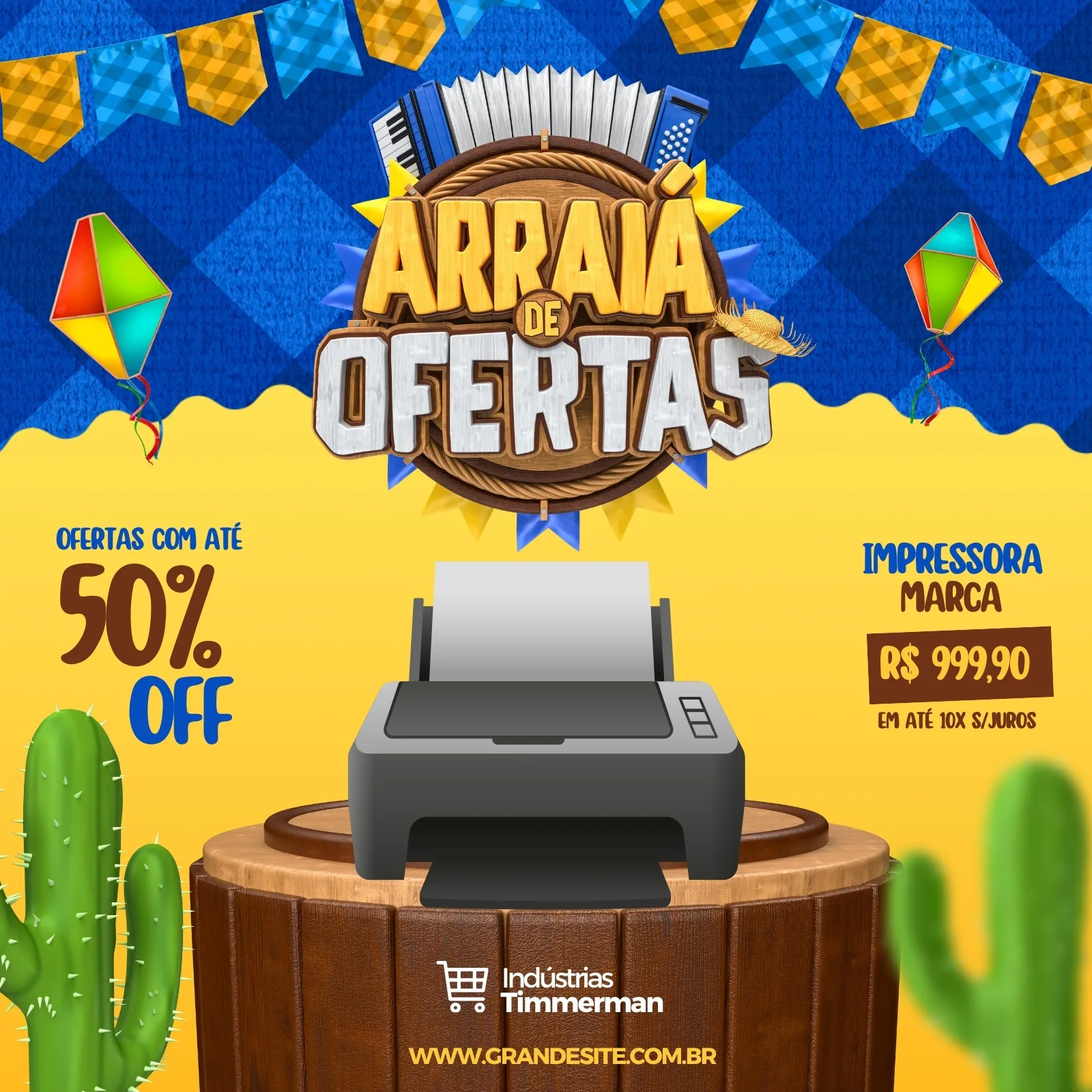 Post para Instagram com tema de Festa Junina, anunciando o 'Arraiá de Ofertas' com 50% de desconto em impressoras. O design vibrante em azul e amarelo inclui elementos juninos como bandeirinhas, balões e cactos, destacando uma impressora em promoção.
