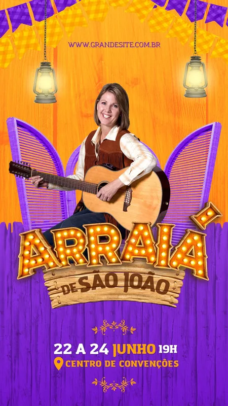 Template de Instagram Story para divulgar um evento de São João. Uma mulher sorridente toca violão em um palco decorado com bandeirinhas roxas e amarelas, lâmpadas e o título 'Arraiá de São João'. As cores predominantes são roxo e laranja.