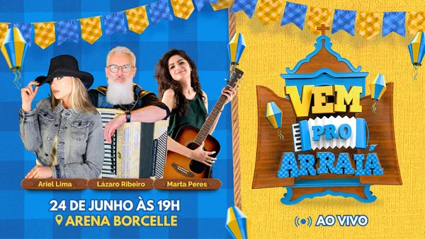 Miniatura de YouTube para live de São João, com fundo xadrez azul e amarelo. Apresenta três pessoas com instrumentos musicais, bandeirinhas e balões juninos, além do título 'Vem pro Arraiá' e informações de data e local.