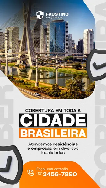 Story de Instagram com design moderno em tons de cinza, preto e laranja vibrante. Apresenta uma imagem superior da Ponte Estaiada em São Paulo, simbolizando cobertura urbana. O template destaca "Cobertura em toda a cidade brasileira" com um ícone de escudo e um botão de contato para cotação, ideal para empresas de segurança.