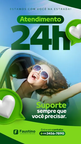 Story de Instagram com fundo azul e gradiente verde. Uma mulher sorridente com óculos de sol se inclina de um carro, simbolizando viagem e liberdade. O design moderno destaca 'Atendimento 24h' e 'Suporte' com balões de fala e corações, ideal para locadoras de veículos que promovem assistência e segurança aos clientes.