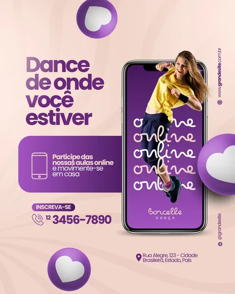 Post para Instagram e Facebook em tons de roxo e bege, com uma mulher sorridente dançando e 'saindo' da tela de um smartphone. O design promove aulas de dança online, com corações flutuantes e texto convidativo 'Dance de onde você estiver'. Inclui espaço para contato e logo da escola 'Boncelle Dança', transmitindo energia e movimento.