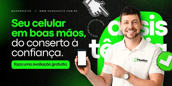 Banner horizontal com fundo preto e verde, destacando um homem sorrindo e apontando para um smartphone. O texto principal diz 'Seu celular em boas mãos, do conserto à confiança' e um botão verde 'faça uma avaliação gratuita'.
