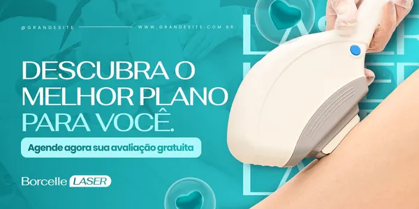 Banner horizontal azul e branco com a imagem de um aparelho de depilação a laser sendo aplicado na pele. O texto principal diz 'Descubra o melhor plano para você' e um botão convida para 'Agende agora sua avaliação gratuita'.