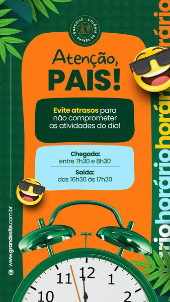 Um story de Instagram com fundo laranja e verde vibrante, anunciando 'Atenção, Pais!' para uma colônia de férias. Inclui um relógio, emojis com óculos escuros e informações sobre os horários de entrada e saída.