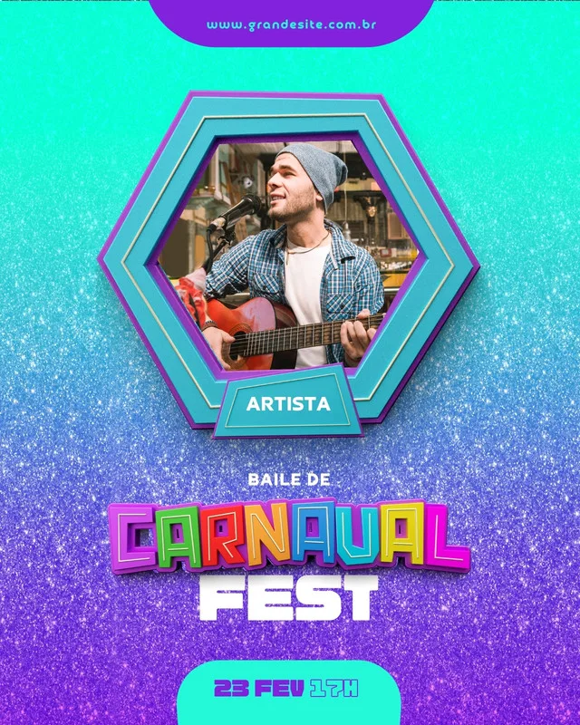 Post para Instagram e Facebook anunciando um Baile de Carnaval com a foto de um artista tocando violão. O design é moderno, com cores vibrantes como azul, verde e roxo, e glitter, destacando o nome do evento e a data.