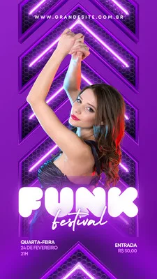 Template de Instagram Story para Baile Funk Festival com fundo roxo vibrante e detalhes em neon. Uma mulher posa no centro, com a palavra 'FUNK' em destaque. Ideal para divulgar eventos de música e festas.