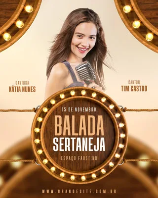Template de post para Instagram e Facebook anunciando show sertanejo com foto de cantora, microfone vintage e iluminação de palco. Cores marrom, bege e branco.