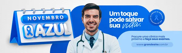 Banner horizontal azul e branco com um calendário marcando 'Novembro Azul' e um médico sorridente. O texto 'Um toque pode salvar sua vida' e um convite para procurar uma clínica e fazer exames.