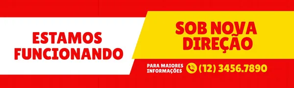 Banner horizontal minimalista em vermelho, branco e amarelo. Apresenta o texto 'ESTAMOS FUNCIONANDO SOB NOVA DIREÇÃO' em destaque. O design gráfico divide a tela com uma faixa branca e blocos de cor. Inclui um ícone de telefone e um número de contato, ideal para lojas, mercados ou comércios que desejam comunicar uma mudança de gestão de forma clara e direta em plataformas digitais.