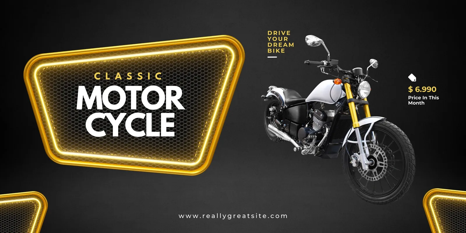 Banner horizontal com fundo escuro e detalhes em neon dourado, destacando a frase 'Classic Motorcycle' e uma moto clássica branca com detalhes em dourado. Inclui preço e site, ideal para anúncios automotivos.