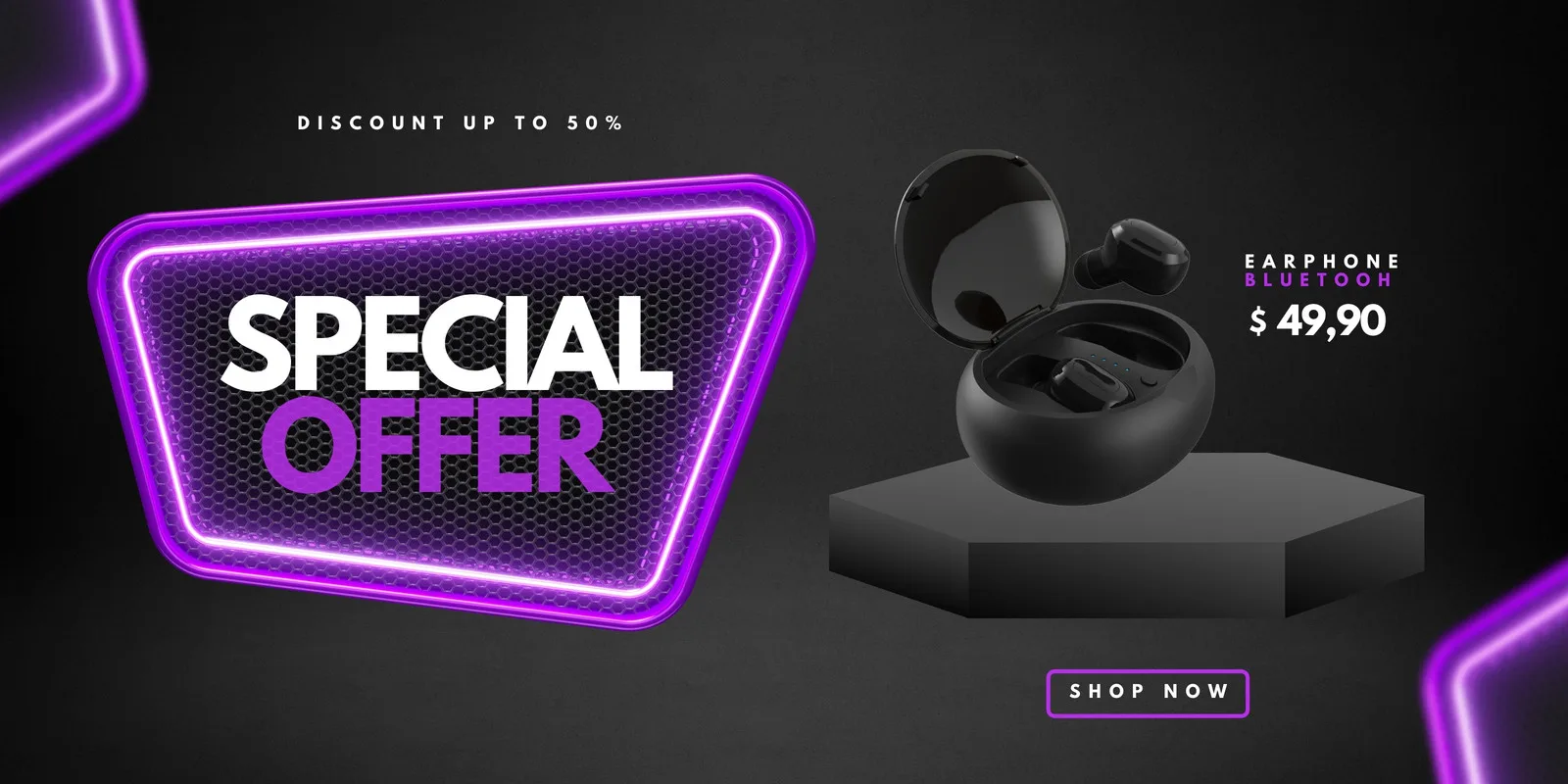 Banner horizontal com fundo escuro e detalhes em neon roxo. Destaca a frase 'Special Offer' e um fone de ouvido Bluetooth com seu estojo, com preço e desconto de até 50%.