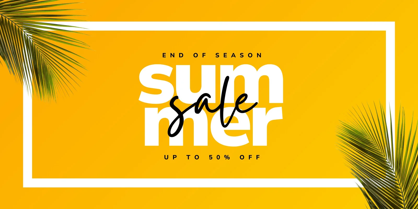 Banner horizontal com fundo amarelo vibrante e folhas de palmeira nas laterais. Centralizado, o texto "SUMMER SALE" em branco e "UP TO 50% OFF" em menor escala, indicando uma promoção de verão.