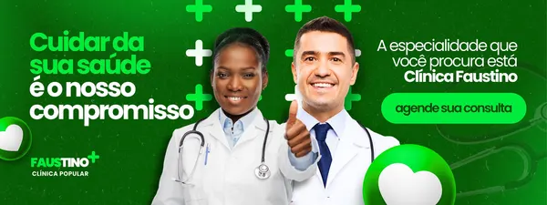 Banner horizontal para clínica médica com fundo verde e branco, apresentando dois médicos sorrindo. O texto "Cuidar da sua saúde é o nosso compromisso" e um botão "agende sua consulta" convidam o usuário a marcar um horário.
