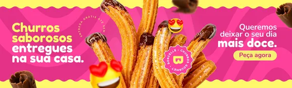 Banner horizontal vibrante em tons de rosa, amarelo e branco, com foco em churros gourmet cobertos de chocolate. Texto destaca 'Churros saborosos entregues na sua casa' e 'Queremos deixar o seu dia mais doce'. Inclui um botão 'Peça agora' e um emoji sorrindo com corações nos olhos.