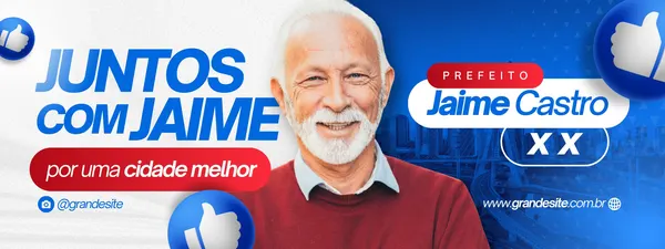 Banner horizontal azul, branco e vermelho para campanha política. Um homem sorridente, candidato a prefeito, aparece ao centro com o slogan 'Juntos com Jaime por uma cidade melhor'. Ícones de 'like' e informações de contato completam o design.