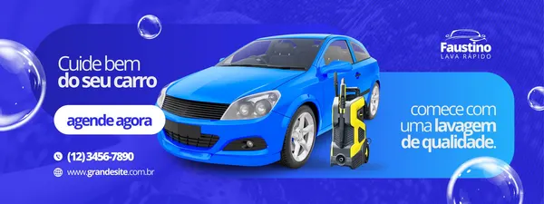 Banner horizontal azul e branco para lava rápido automotivo. Um carro azul está em destaque, com um equipamento de lavagem de alta pressão ao lado. O texto 'Cuide bem do seu carro' e 'agende agora' convida à ação, com informações de contato visíveis.
