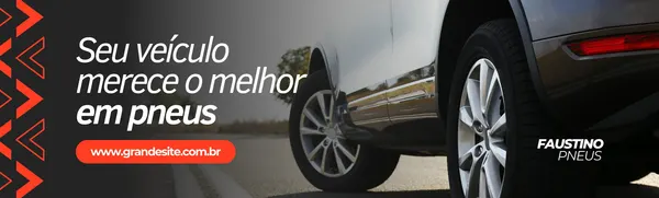 Banner horizontal com fundo escuro e detalhes em laranja, exibindo a lateral de um carro moderno com foco nas rodas e pneus. O texto principal diz 'Seu veículo merece o melhor em pneus' e um botão com 'www.grandesite.com.br'.