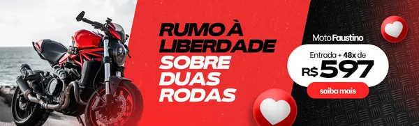 Banner horizontal vermelho e preto com uma moto esportiva vermelha em destaque. O texto 'Rumo à Liberdade Sobre Duas Rodas' e detalhes de uma oferta especial com preço e botão 'saiba mais' estão presentes.