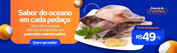 Banner horizontal azul, laranja e branco com o título 'Sabor do oceano em cada pedaço'. Destaca postas de peixe fresco com rodelas de limão e folhas de hortelã, com preço de R$49/kg e botão 'Quero aproveitar'. Ideal para promoções de peixaria.