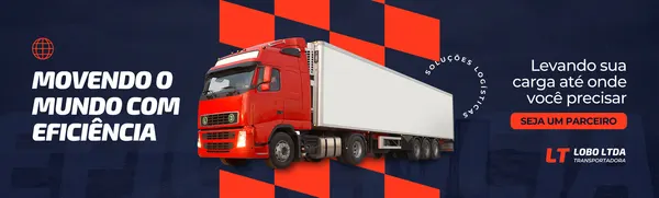 Banner horizontal para transportadora com um caminhão vermelho em destaque. O texto 'Movendo o mundo com eficiência' e 'Seja um parceiro' em cores contrastantes, com fundo azul marinho e detalhes xadrez em laranja.