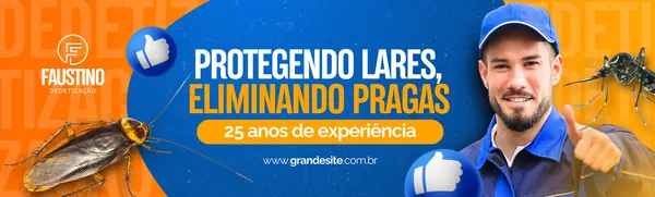 Banner horizontal azul, laranja e branco para empresa de dedetização. Apresenta um homem sorridente com uniforme, um logo com as iniciais 'F', uma barata e um mosquito. O texto destaca 'Protegendo Lares, Eliminando Pragas' e '25 anos de experiência'.
