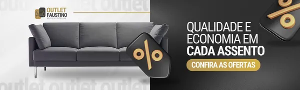 Banner horizontal com um sofá cinza moderno à esquerda e texto promocional 'Qualidade e Economia em Cada Assento' à direita. Um ícone de porcentagem dourado adiciona um toque de oferta. O fundo é preto com detalhes em branco e dourado, ideal para lojas de móveis.