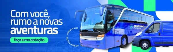 Banner horizontal azul, branco e verde com um ônibus e uma van azuis em destaque. O texto principal diz 'Com você, rumo a novas aventuras' e um botão verde convida 'faça uma cotação'. Ideal para empresas de transporte e turismo.
