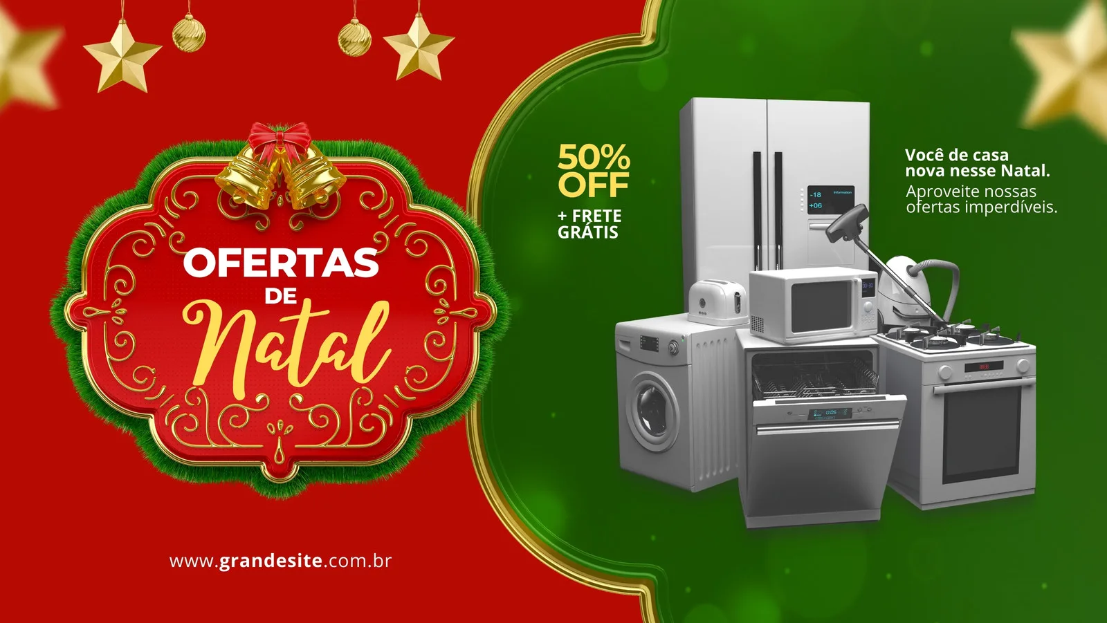 Banner horizontal para Facebook com tema de Natal, destacando ofertas de eletrodomésticos. Fundo vermelho e verde com enfeites natalinos dourados, sinos e estrelas. Apresenta uma coleção de eletrodomésticos modernos como geladeira, fogão, máquina de lavar e micro-ondas, com destaque para 50% OFF e frete grátis.