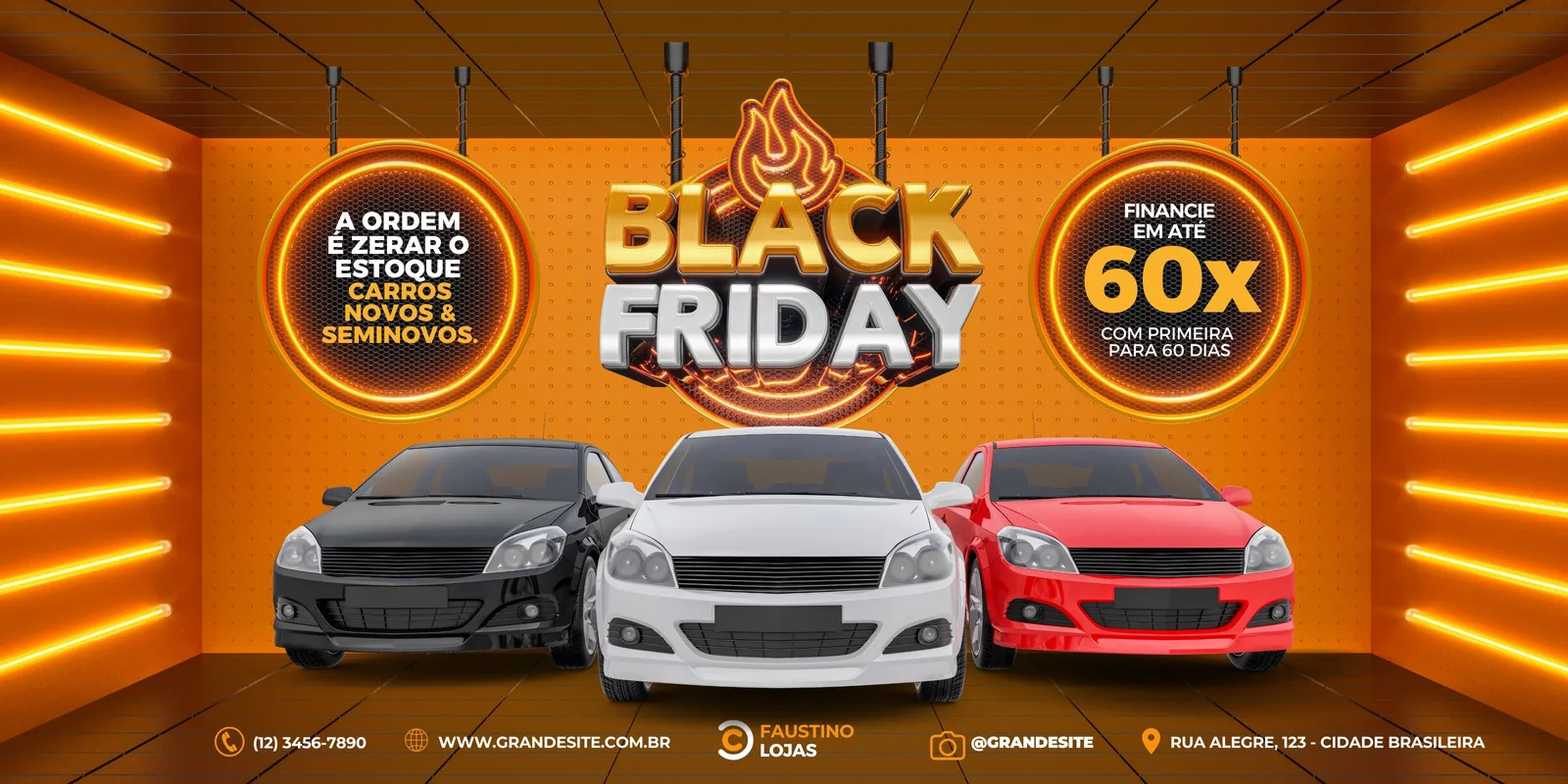 Banner horizontal de Black Friday com a frase "A ordem é zerar o estoque carros novos & seminovos" e "Financie em até 60x com primeira para 60 dias". Três carros (preto, branco e vermelho) em destaque, com iluminação neon laranja vibrante.