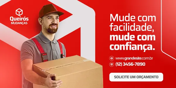 Banner horizontal para empresa de mudanças, com fundo vermelho e detalhes em cinza e branco. Um homem uniformizado carrega uma caixa, com o slogan "Mude com facilidade, mude com confiança" e informações de contato visíveis.