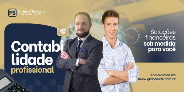 Banner horizontal com fundo em tons de amarelo e azul marinho. Dois homens de terno e camisa sorriem com os braços cruzados. Texto principal: 'Contabilidade profissional'. Outro texto: 'Soluções financeiras sob medida para você'. Logo 'FS Contabilidade' e site 'www.grandesite.com.br'.