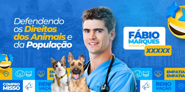 Banner horizontal azul e amarelo para campanha política. Um homem sorridente, vestindo jaleco de veterinário, aparece ao lado de um gato e um cachorro. O nome 'Fábio Marques Vereador' e um número de urna estão em destaque. O slogan 'Defendendo os Direitos dos Animais e da População' aparece no topo.