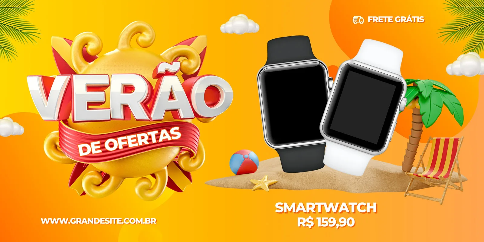 Banner horizontal vibrante com tema de verão, apresentando um grande sol estilizado com a frase 'Verão de Ofertas'. Dois smartwatches, um preto e um branco, estão em destaque sobre uma praia de areia, com uma cadeira de praia e coqueiro ao fundo. Ideal para promoções de eletrônicos.