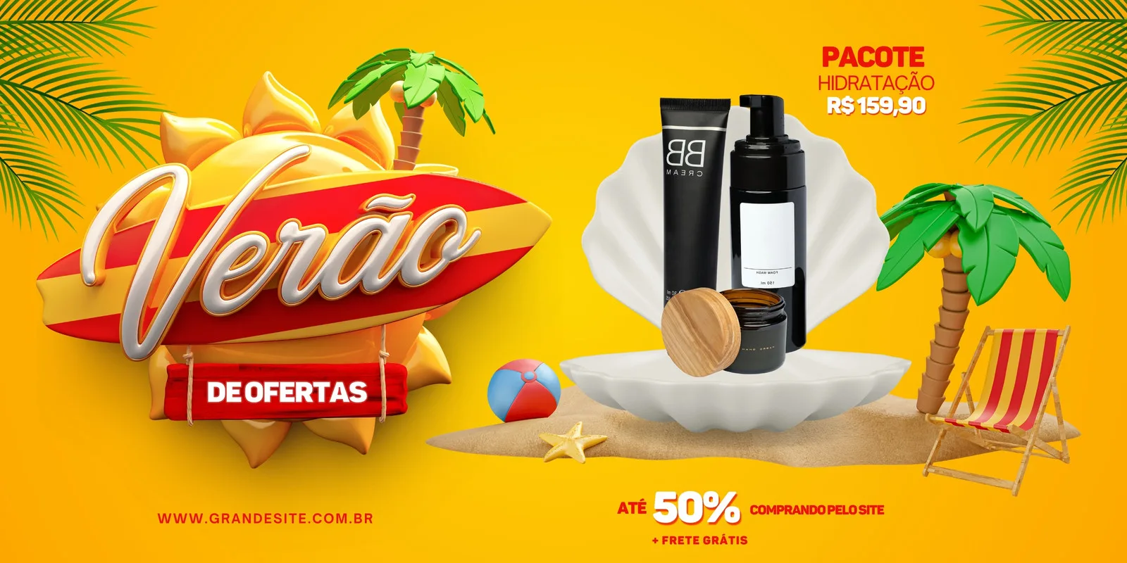 Banner horizontal de verão com tema de praia, apresentando produtos de beleza como BB Cream e hidratante. Elementos incluem um sol estilizado, prancha de surf com a palavra 'Verão', concha, coqueiro, cadeira de praia e a oferta 'Até 50% + Frete Grátis'. Fundo amarelo vibrante.