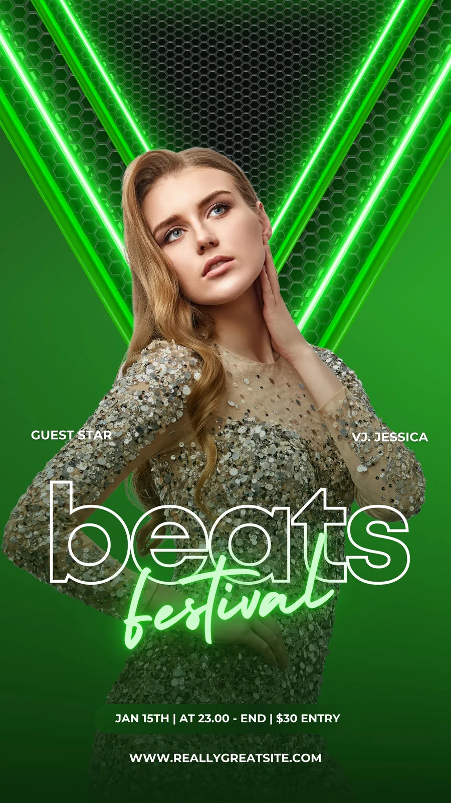 Template de Story para Instagram com fundo verde degradê e detalhes em neon verde. Uma mulher loira com vestido brilhante é o destaque central, com o texto 'Beats Festival' em neon e informações do evento abaixo.