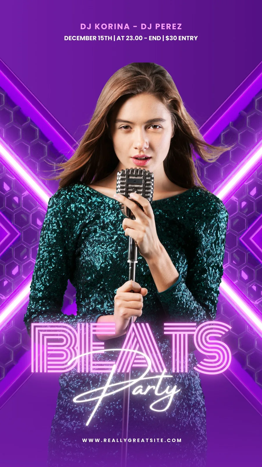 Template de Instagram Story com fundo roxo vibrante e detalhes em neon rosa e azul. Uma mulher segura um microfone vintage, com o texto 'Beats Party' em destaque. Ideal para divulgar eventos de música e festas.