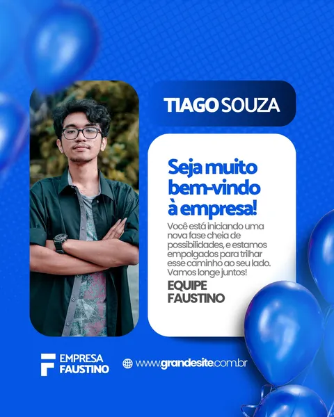 Post de Instagram com fundo azul vibrante e balões azuis, anunciando a chegada de um novo colaborador. A foto do novo funcionário está à esquerda, com o nome 'Tiago Souza' em destaque. O texto principal diz 'Seja muito bem-vindo à empresa!', convidando para uma nova jornada.