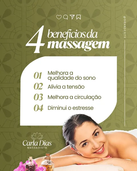 Post para Instagram em tons de verde e branco, com título '4 benefícios da massagem'. Exibe uma mulher sorridente e relaxada, com óleos essenciais e flores roxas. Lista benefícios como melhora do sono, alívio de tensão e redução do estresse. Ideal para massagistas e terapeutas divulgarem bem-estar.