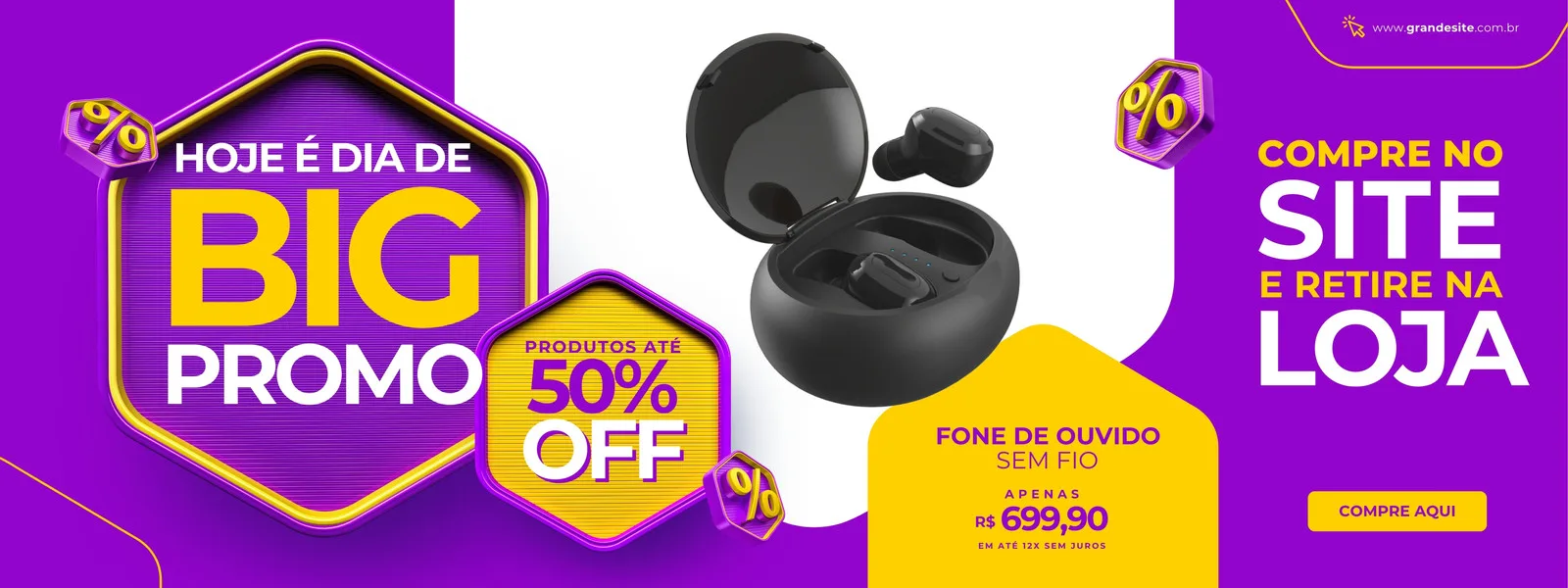 Banner horizontal roxo e amarelo para promoção de eletrônicos. Destaca 'Big Promo' e 'Até 50% OFF', com imagem de fone de ouvido sem fio e chamada 'Compre no site e retire na loja'.