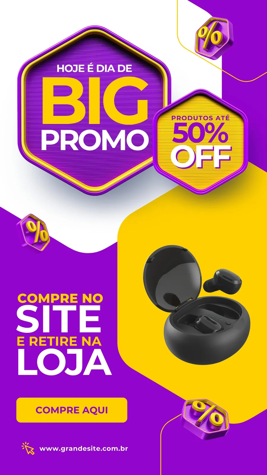 Template de Story para Instagram com fundo roxo e amarelo vibrantes. Destaca o texto 'HOJE É DIA DE BIG PROMO' e 'PRODUTOS ATÉ 50% OFF'. Uma imagem de fones de ouvido sem fio aparece em destaque, com um botão 'COMPRE AQUI' e o endereço do site.