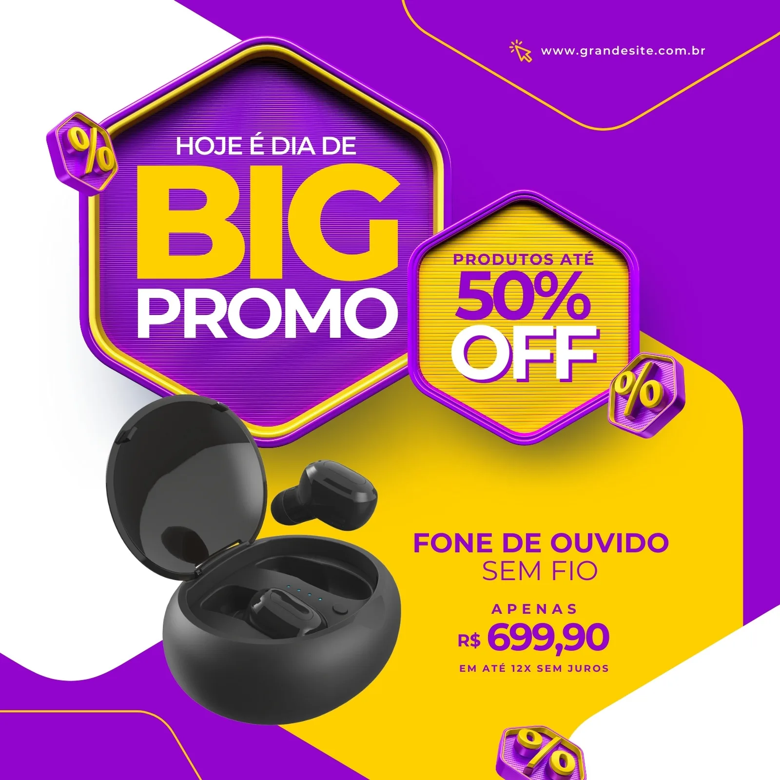 Post de Instagram com design moderno em roxo e amarelo vibrante anunciando 'Big Promo' e '50% OFF' em fones de ouvido sem fio. O produto em destaque é um fone de ouvido preto com seu estojo, com preço e condições de pagamento visíveis.