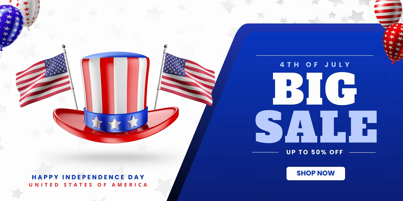 Banner horizontal com tema do Dia da Independência dos EUA. Apresenta um chapéu patriótico com bandeiras americanas e balões, com o texto '4th of July Big Sale' e 'Up to 50% Off'.