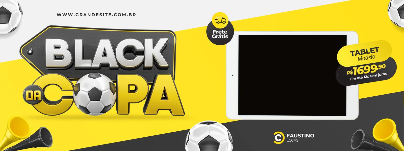 Banner horizontal com tema 'Black da Copa', apresentando o logo em destaque, uma bola de futebol, um tablet com preço promocional e buzinas de torcedor. As cores predominantes são amarelo, cinza e branco, com um fundo dinâmico.