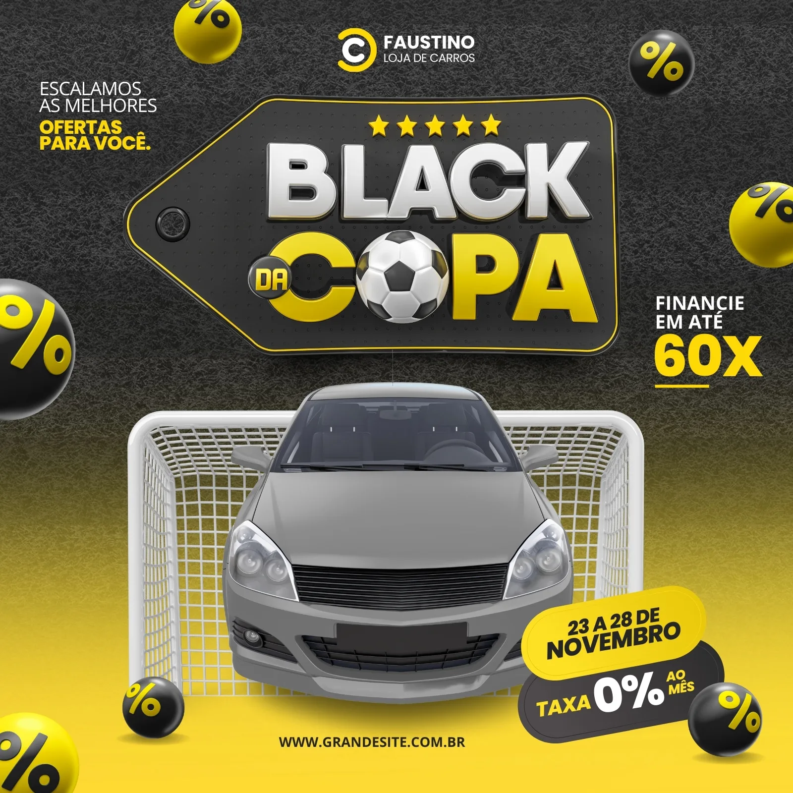 Template de post para Instagram de loja de carros com tema 'Black da Copa'. Um carro cinza está em frente a um gol, com elementos de futebol e símbolos de porcentagem. O texto destaca 'Black da Copa', 'Financie em até 60x' e 'Taxa 0%'.