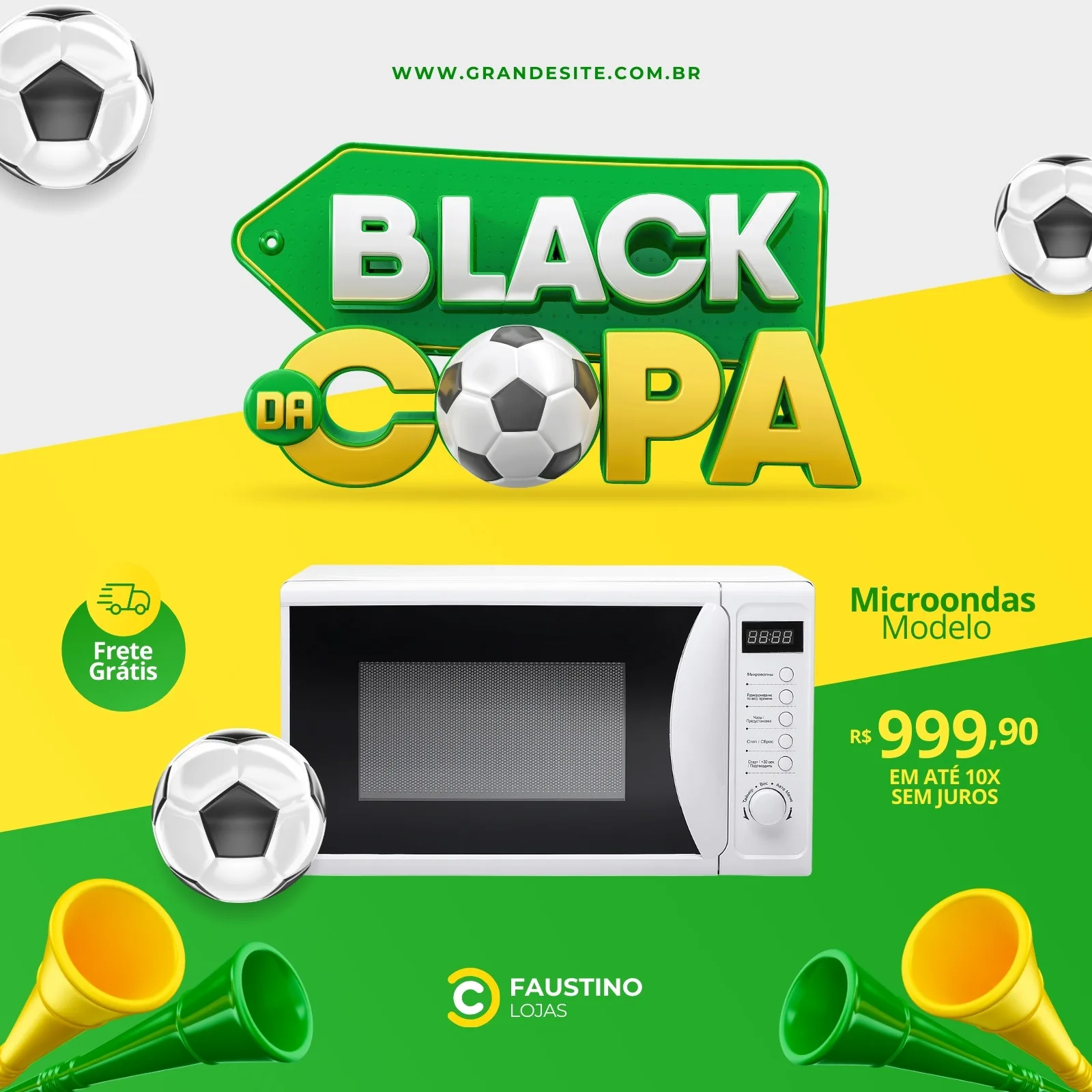 Template de post para redes sociais com fundo verde e amarelo, destacando a frase "Black Da Copa" em 3D com bolas de futebol. Um micro-ondas em promoção é exibido, com detalhes de preço e frete grátis, e buzinas de torcida nas bordas.