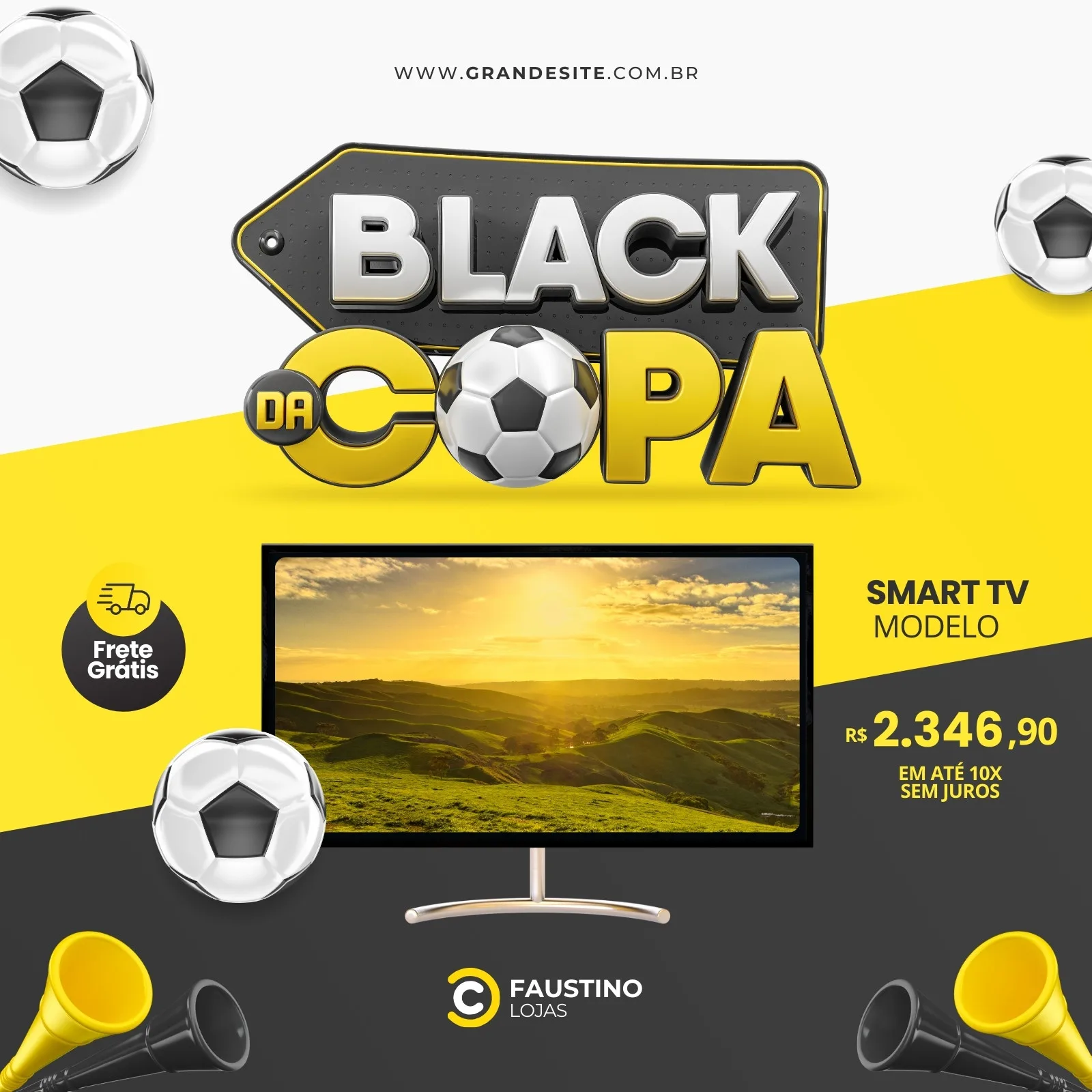 Template de post para redes sociais com a frase "Black da Copa" em destaque, elementos de futebol como bolas e buzinas, e a imagem de uma Smart TV. Cores predominantes são amarelo, cinza e branco, com um fundo dividido.