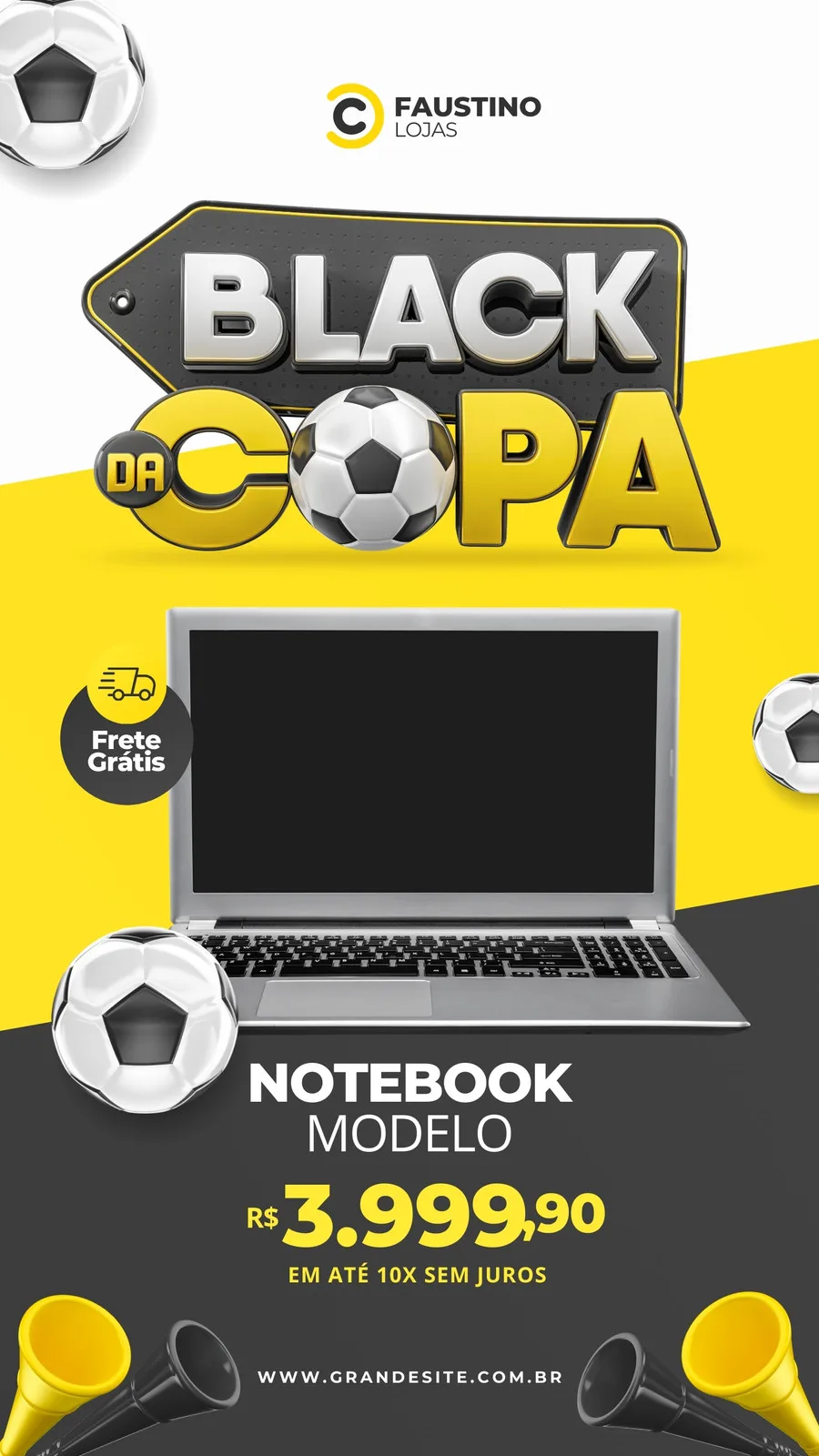 Template de Story para Instagram com fundo dividido em amarelo e cinza escuro. Destaque para a frase 'Black da Copa' em 3D, uma bola de futebol e um notebook em promoção. Inclui ícone de frete grátis e preço com parcelamento.