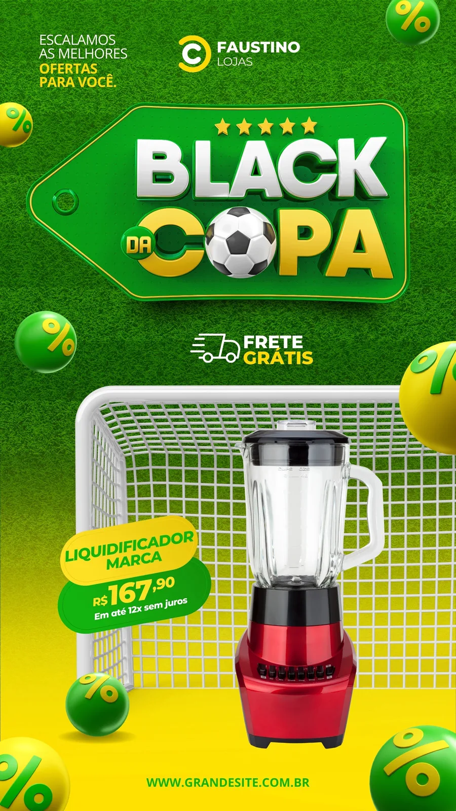 Template de Story para Instagram com tema 'Black da Copa', apresentando um liquidificador em oferta com preço e parcelamento. Fundo verde e amarelo com elementos de futebol e bolas de porcentagem, promovendo frete grátis.